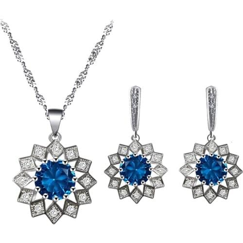 Flower shape design silver plated blue zircon earrings necklace pendant jewelry set fashion anniversary gift JS831