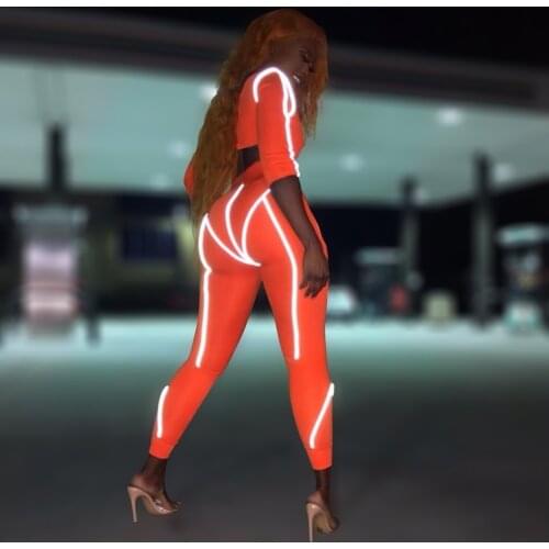 [SHESRIM] Luminous Track Star Set Off the Shoulder Long Sleeves 2-Piece Orange Outfit Glowing Tracksuit