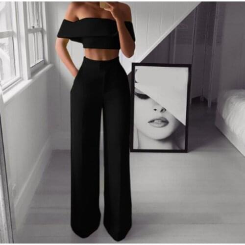 Fashion 2 Piece Suit Women Casual Suit Summer Tube Tops Wide Leg Pants Tracksuits High Waist Long Trousers Matching Solid Sets