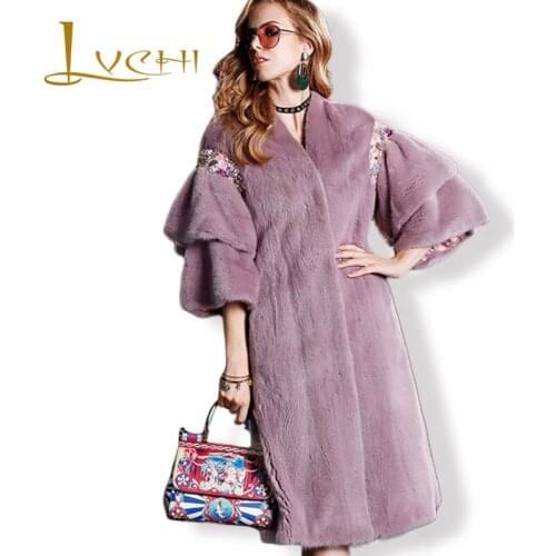 LVCHI Draped Sleeve Skirts Mink Fur Coats 2019 Diamond Fashion V Neck Fur Topcoat Winter Women Clothing Real Fur Coat Plus Size