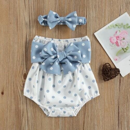 Fashion Summer 2021 Newborn Baby Bowknot Clothes Bodysuits Baby Girls Off Shoulder Polka Dot Print Jumpsuit+Headband Outfits