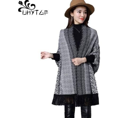 UHYTGF Fashion Knitted Autumn Winter Shawl Jacket Women New Tassel Cardigan Female Scarf Cloak Cape Elegant Ladies Coat 1212