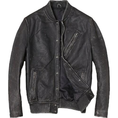 Mens Genuine Leather Jacket Top Layer Cowhide Retro Distressed Motorcycle Leather Jacket Baseball Uniform Slim Leather Coat