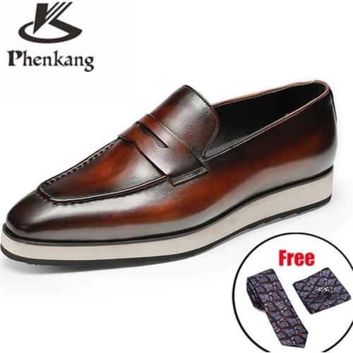 Men leather shoes business dress suit shoes men brand Bullock platform genuine leather black slipon wedding mens shoes Phenkang