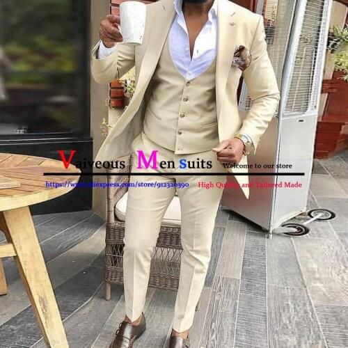 2021 Beige Classic Men Suit 3 Pieces Tuxedo Peak Lapel Groomsmen Wedding Suits Set Fashion Men Business Blazer Jacket+Pants+Vest