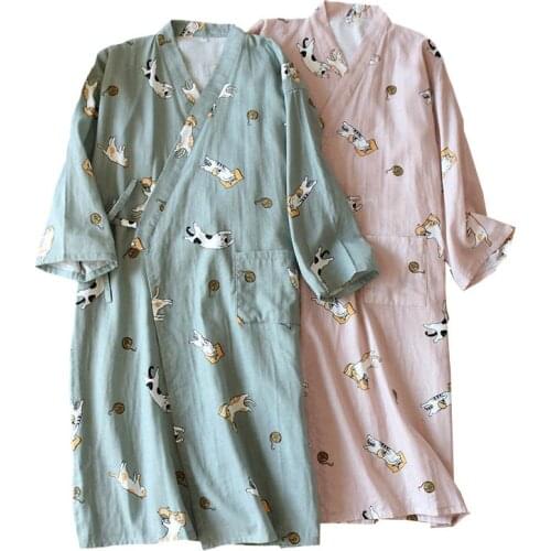 Lovers' Nightgown Men And Women Comfort Gauze Cotton Robes Cute Kitten Printed Kimono Sleepwear Spring New Couples Loose Homewar