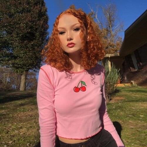 New sexy slim slim cherry embroidered contrast wave short T-shirt