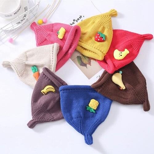Autumn Winter Warm Cute Knitted Cartoon Fruit Carrot Pear Strawberry Soft Wool Beanies Hemming Caps 0-3T