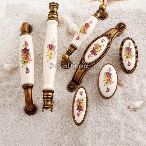 Retro 10PCS European Antique Kitchen Door Furniture Handles Ceramic Printing Cupboard Drawer Wardrobe Cabinet Pull Handles&Knobs