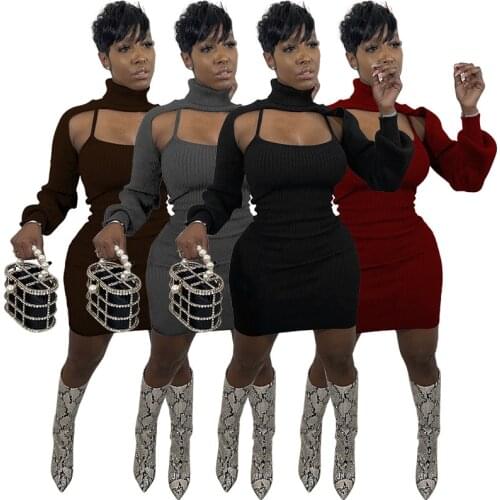 SKMY Fall 2021 Womens Fashion New Style Solid Color Turtleneck Crop Tops And Spaghetti Strap Dress Suits Sexy Two Piece Set