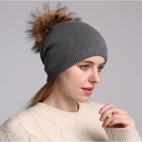 Winter Autumn Pompom Beanies Hat Women Knitted Wool Skullies Casual Womens Cap Real Raccoon Fur Pompom Hats
