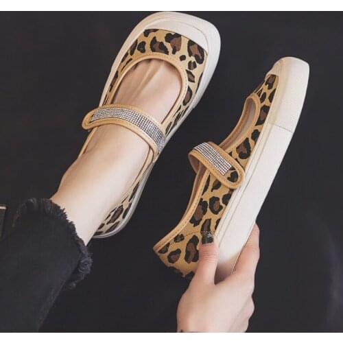 Rimocy Spring Autumn Leopard Flat Shoes Woman Rhinestone Strap Mary Jane Shoes Women Platform Shallow Mouth Casual Canvas Shoes