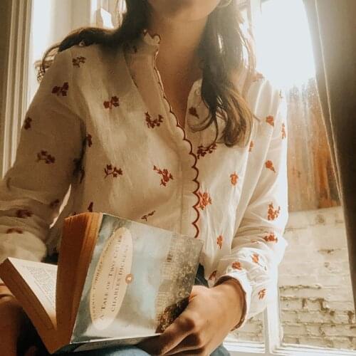 Embroidery White Shirt Women Summer Casual Ruffled Neck Long Sleeve Elegant Blouse 2020 Chic Office Lady Women Shirts Autumn