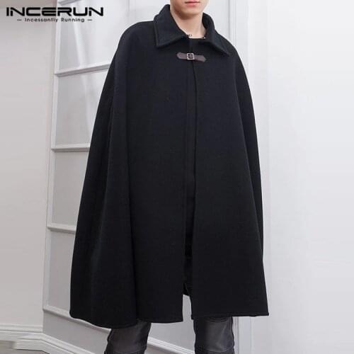INCERUN Winter Fashion Men Cloak Coats Lapel Solid Cape Trench Streetwear 2021 Chic Faux Blends Overcoats Mens Jackets S-5XL