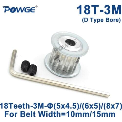 POWGE 18 Teeth HTD 3M Timing Pulley D Type Bore 5x4.5/6x5/8x7mm for Width 10/15mm 3M synchronous belt pulley HTD3M 18Teeth 18T