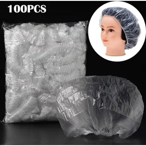 100pcs Disposable Shower Caps Hat Clear Spa Hair Salon Hotel One-Off Bathing Elastic Shower Cap Bathroom Products Bath Caps