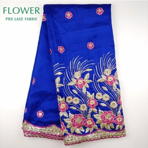 2020 Latest Designer George Lace Fabric With Sequins Royal Blue Lace And Red Flower Embroidered African Women George Silk Fabric