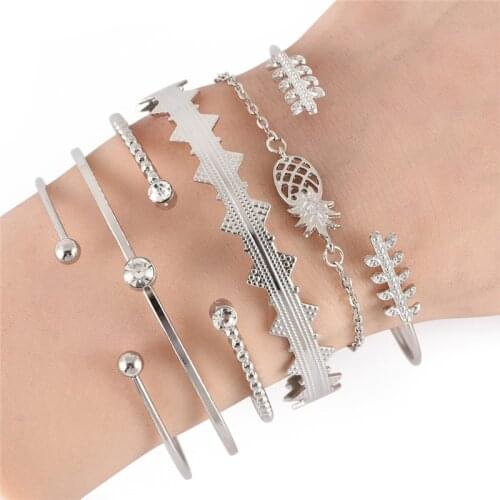 6 Pcs/set Bohemian Vintage Carved Pineapple Leaves Crystal Geometry Open Bracelet Set Fashion Party Jewelry Accessories