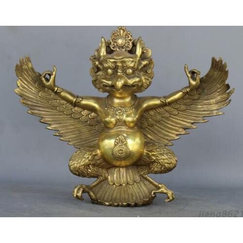 9" Tibet Exquisitely Carved Brass Winged Eagle Lei Zhenzi Statue