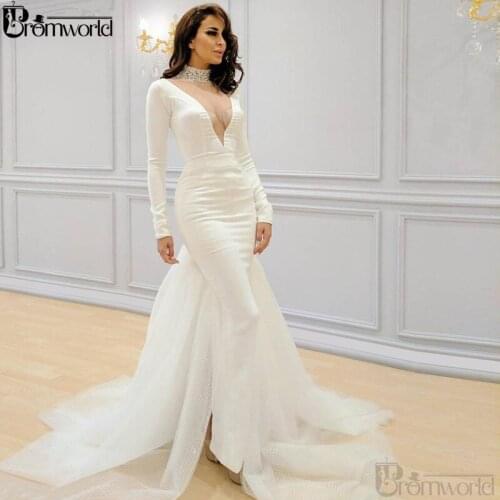 White Mermaid Muslim Evening Dresses 2020 High Collar Beaded Islamic Dubai Saudi Arabic Long Sleeves Formal Evening Prom Gowns