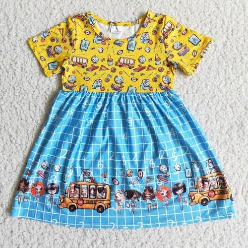 Fashion Style Kids Summer Short Sleeve Dress Girls Bus School Pattern Frocks For Back To School Season