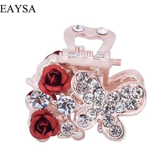 EASYA 4 Colors Enamel Rose Flower Ornaments Hair Claw Clips Sparkling Crystal Rhinestone Butterfly Hair Crab Clip Accessories