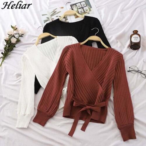 HELIAR Women Slim Bow Tie Winter Knitted Sweater V-Neck Crop Sexy Sweaters and Pullovers Lantern Sleeve All-Match Black T
