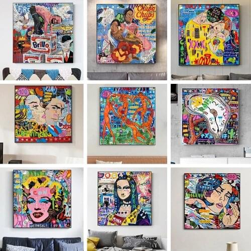 Graffiti Lover Clocks Mona Lisa Street Art Canvas Print Painting Abstract Figure Wall Picture Living Room Home Decoration Poster