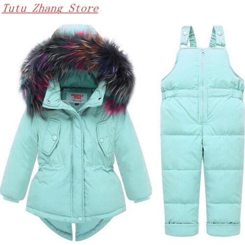 Winter Warm Baby Kids Girl Clothing Sets -25 Degree Russia Winter Colored Fur Hooded Coat Overall Jumpsuit Children Suit Bebes