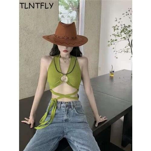 Corset Knit Top Womens Streetwear Summer Sexy Short Tank Top Hollow Fashion Sling Halter Vest Strap Y2k Blackless Camisole