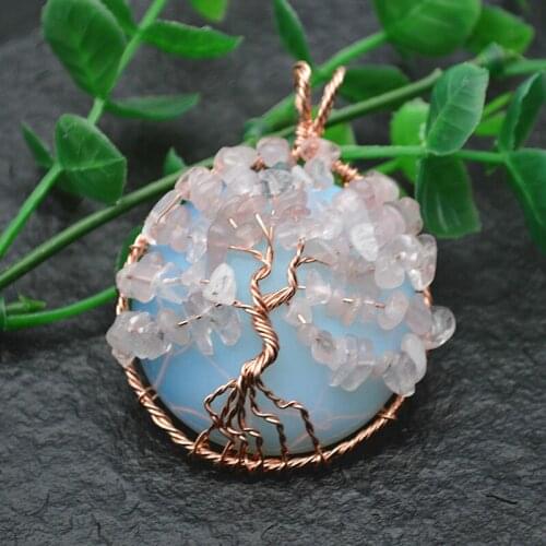 Beautiful Natural Opal Gemstone Winding Wire Life Tree Guard Round Pendant Fit Necklace Fine Jewelry DIY Making Supplies