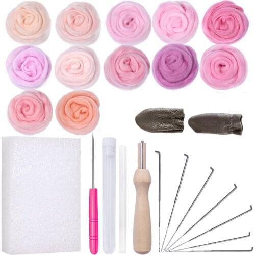 LMDZ 25Pcs/Set Pink Series Roving Wool Fibre for DIY Needle Felting Tool Kit Fiber Material with Felt Needle Set Accessories