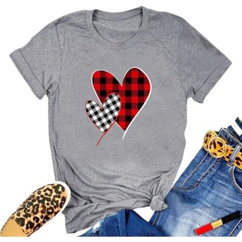Casual Basic Short-sleeved Grey T-shirt Women Valentines day Casual Heart-to-heart Red plaid Printing Shirt Tee Tops Couples