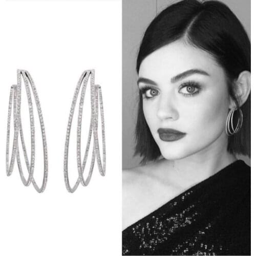 Glitter Luxury White Gold Color CZ Zirconia Crystal Big three-layer irregular Hoop Earrings for Women Fashion Jewelry E0294