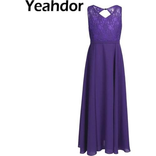 Floor Length Chiffon Flower Girls Dresses Girls Cutout Back Floral Lace Sleeveless V Neck Princess Formal Birthday Party Dress