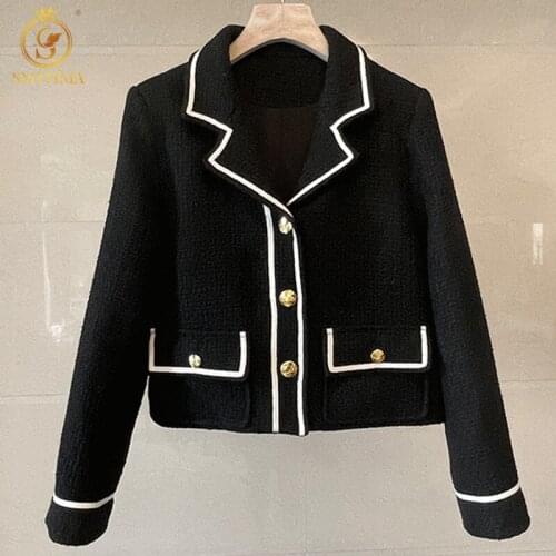 SMTHMA Black White Patchwork Tweed Jackets WomenTurndown Collar Luxury Elegant Woolen Coats Office Lady Autumn Winter Outwear
