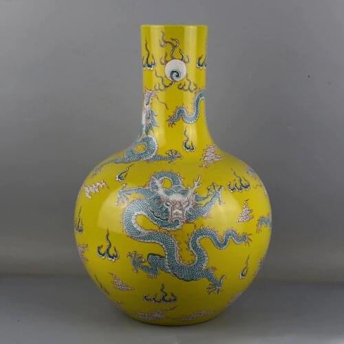 Jingdezhen Antique Qing Kangxi inscribed Yellow Dragon vase five pastel kiln old porcelain ornaments