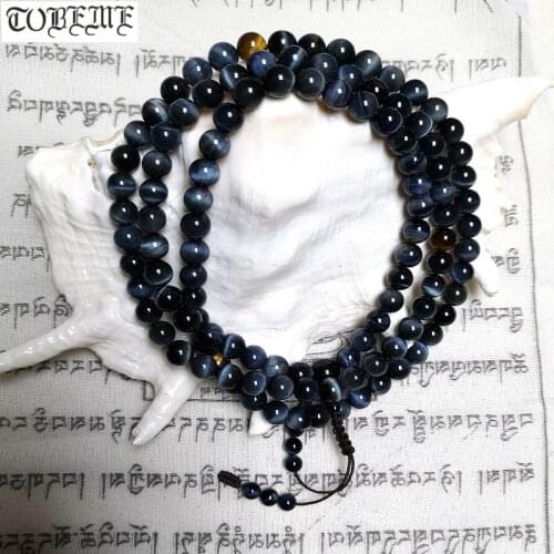 Tibetan Designer Mala Genuine Blue Tiger Eye Stone Beads Mala Tibetan Hawk-eye Stone Rosary Beads Buddhist Prayer 108 Beads