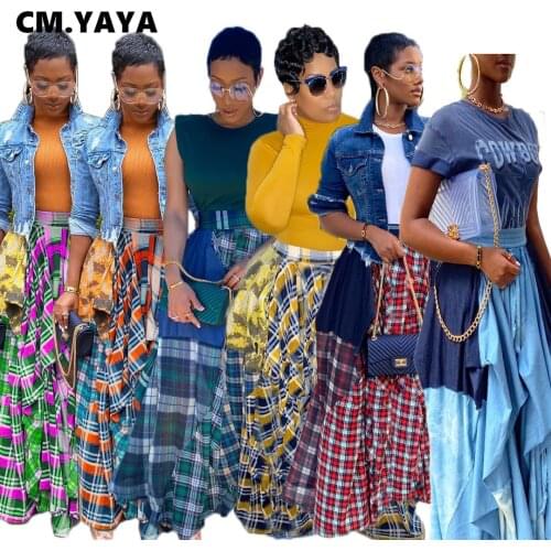 CM.YAYA Women Long Maxi Skirts Patchwork Loose Asymmetrical Plaid with Pocket Loose Big Swing Floor Length Long Skirt plus size