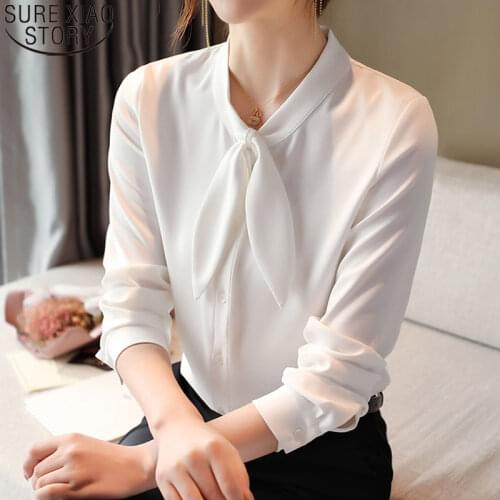 Office Lady Bow Shirt Womens Tops and Blouses Autumn 2021 Fashion Satin Shirt Slim Fit clothes Solid Long Sleeve Blusas 12196