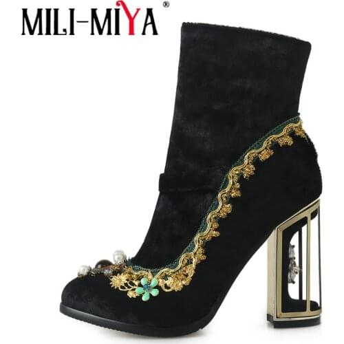 MILI-MIYA Luxury Pearl Rhinestone Flower Women Ankle Boots Wedding Retro Ladies Strange High Heels Zipper Velvet Handmade Shoes