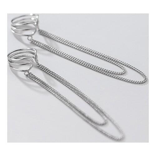Real 925 Sterling Silver Ear Cuffs for Women Non Pierced Ears Long Tassel Chains Clip on Earrings Wedding Aesthetic Earcuffs