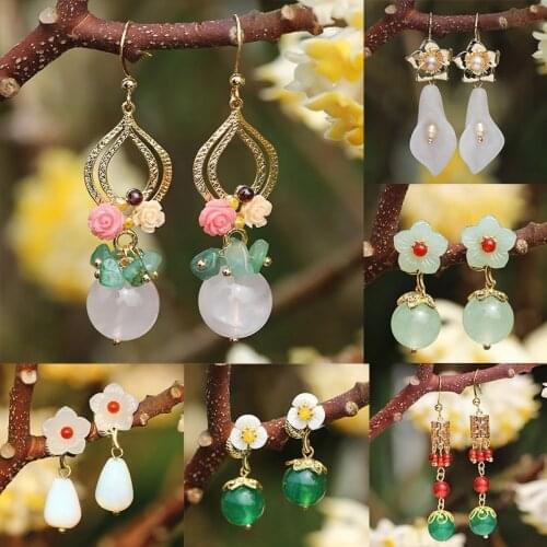 FARLENA Jewelry Vintage Semi-precious Stone Drop Earrings for women Chinese Style Ethnic Natural Crystal Pearl Dangle Earrings
