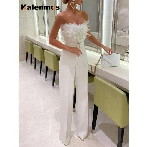 Bodysuit Women Jumpsuit Elegant Long Strapless Slash Neck Feather Tube Top Sexy Fashion Party Night Evening Summer Jumpsuit