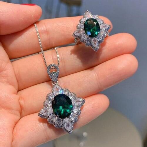 Retro 925 Sterling Silver Emerald Gemstone Rings Pendant Necklace High Carbon Diamond Wedding Party Jewelry Sets Gift For Women