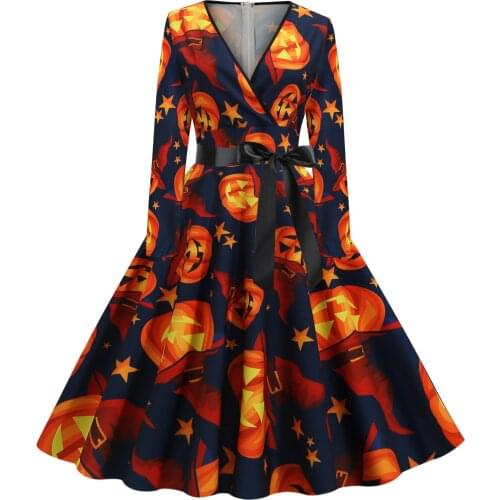 Hepburn Style Women Dress Halloween Ghost Print Vintage V-Neck Long Sleeve Ladies Clothes Elegant Party Dresses ropa de mujer