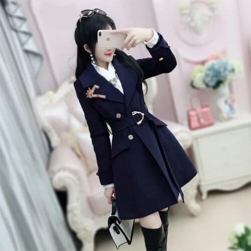 2021 New Fashion Dark Blue Embroidery Woolen Coat Female Students Slim Temperament Womens Jacket