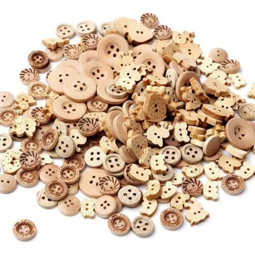 100pcs/lot Mix Shape 2 Holes Natural Color Wooden Pattern Wood Sewing Buttons 896B