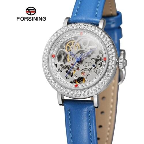 Forsining Ladies Watches Mechanical Automatic Silver Transparent Leather Strap relogio masculino skone Top Brand Luxury Clock