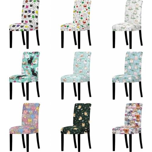Animals Chair Cover for Dining Room Cartoon Cats Print Chairs Covers High Back for Living Room Party Wedding Christmas Decor